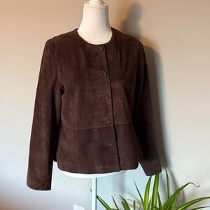 Chocolate Brown Suede Button-Up Lady Jacket SZ 12P petite fall classic FLAW